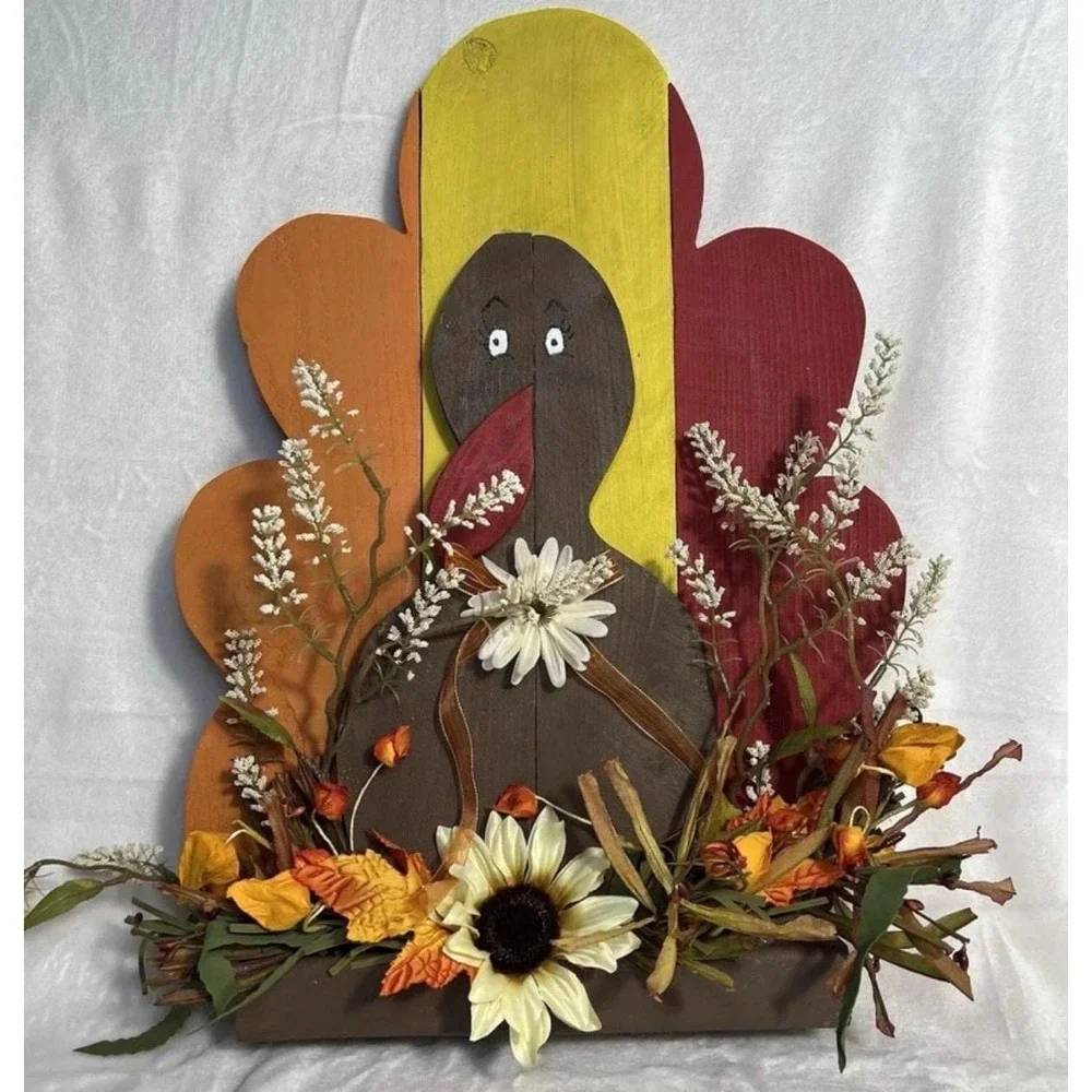 VTG Handmade Wooden Turkey Thanksgiving Decor Large Folk Art Fall Centerpiece